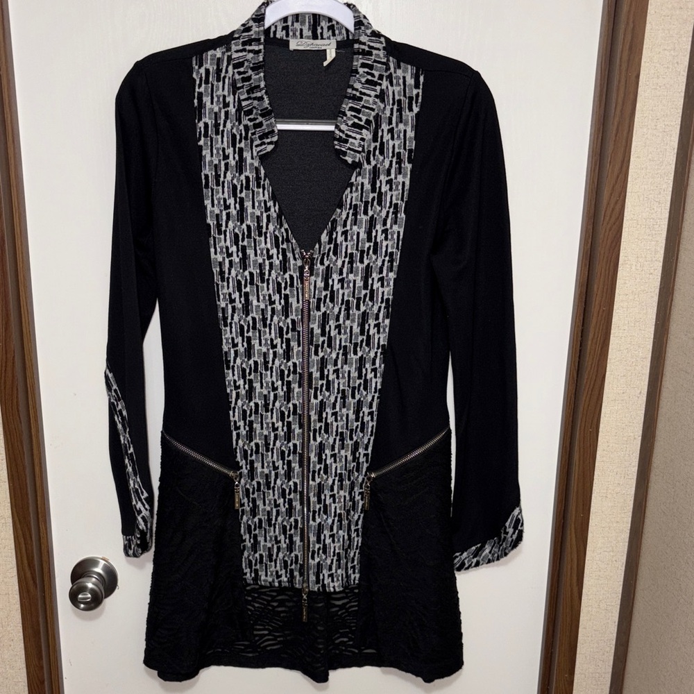 Dzhavael Couture Black Jacket Full Zip Front Long Sleeve Lace Whimsigoth Grunge
